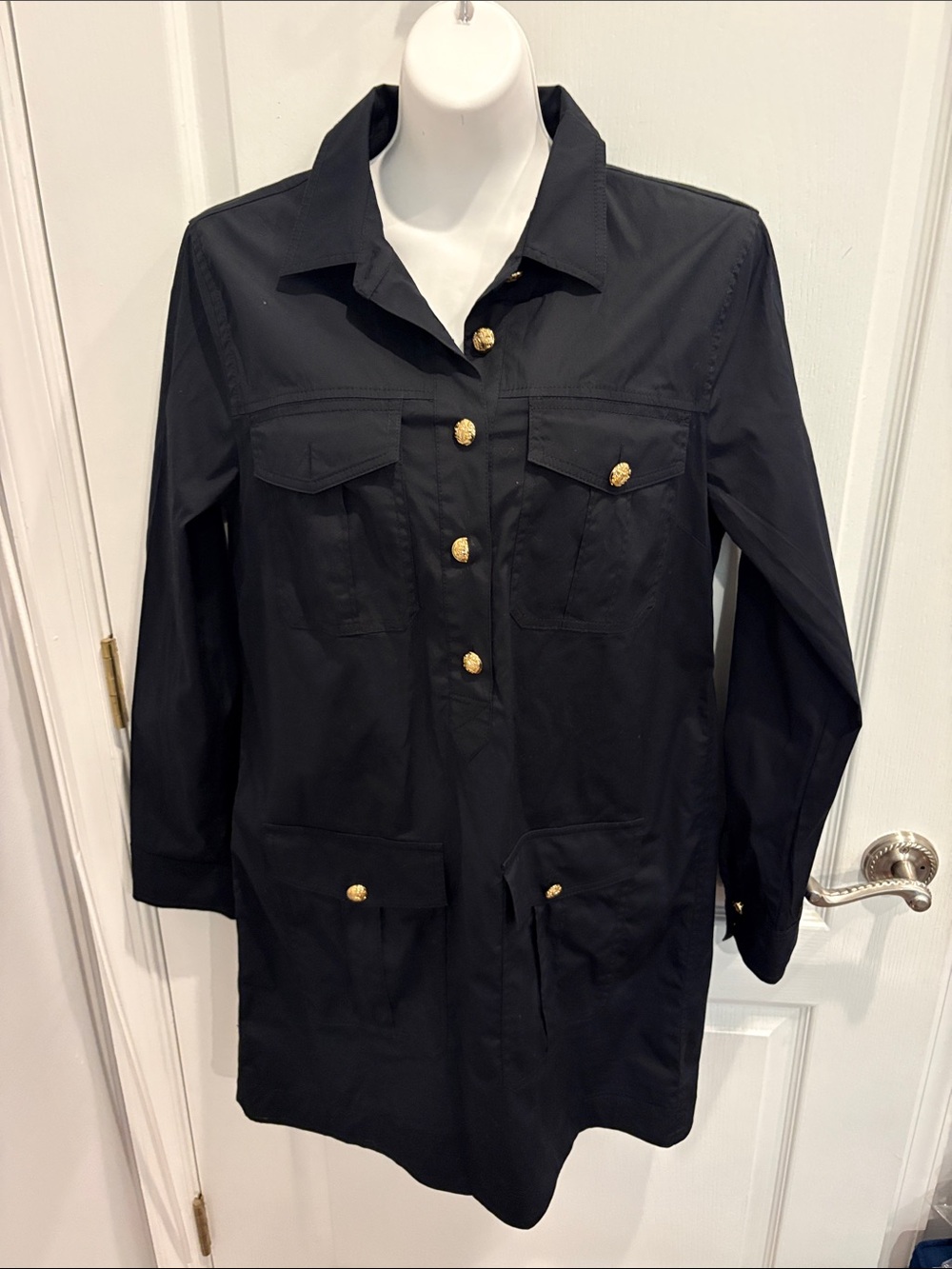 Veronica Beard Saude Cotton Utility Shirtdress with Gold Buttons Size 10